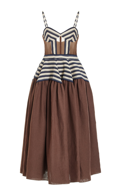 Shop Rosie Assoulin Golden Afternoon Striped Linen Midi Dress In Brown