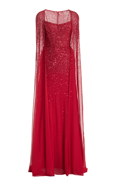 Shop Monique Lhuillier Embellished Chiffon Cape Gown In Red