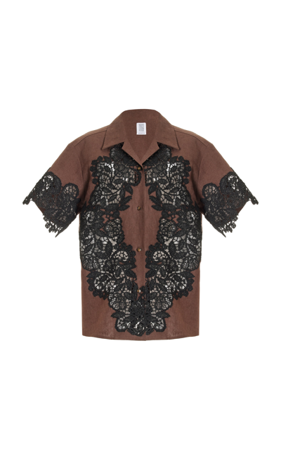 Shop Rosie Assoulin Cabana Crocheted-lace Linen Shirt In Brown