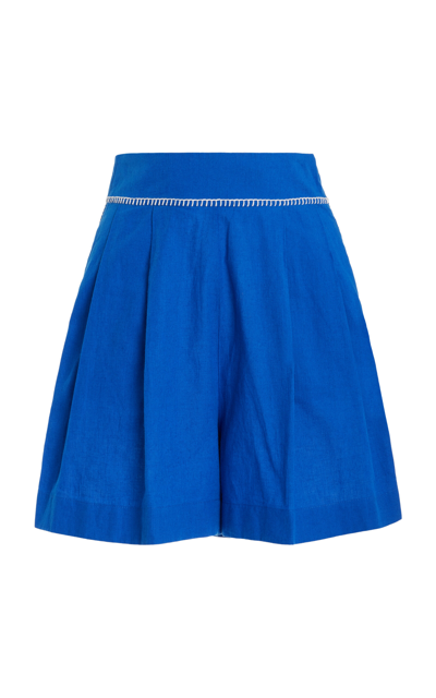 Shop Escvdo Amalia Hand-embroidered Cotton-linen Shorts In Blue