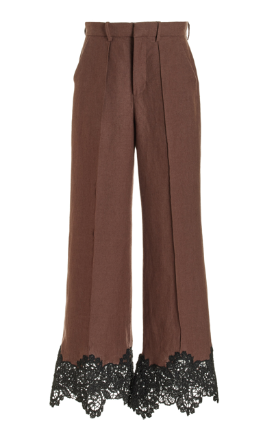 Shop Rosie Assoulin Paneled And Piped Lace-detailed Linen Flare Pants In Brown