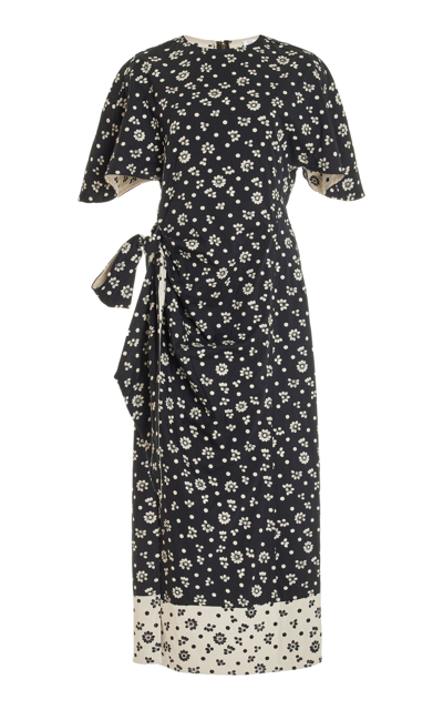 Shop Rosie Assoulin Sash And Slit Printed Cotton-blend Midi Dress In Black,white