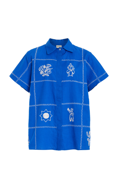 Shop Escvdo Carmen Hand-embroidered Cotton-linen Shirt In Blue