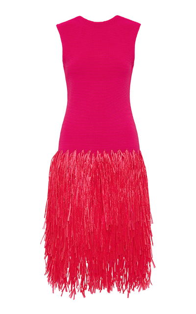 Shop Aje Rushes Raffia-trimmed Knit Mini Dress In Pink