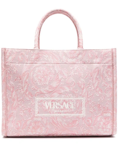 Shop Versace Large Embroidery Jacquard Tote Bags In Pink & Purple