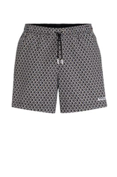 Shop Hugo Boss Micro-print Quick-drying Swim Shorts With Logo Detail In Black