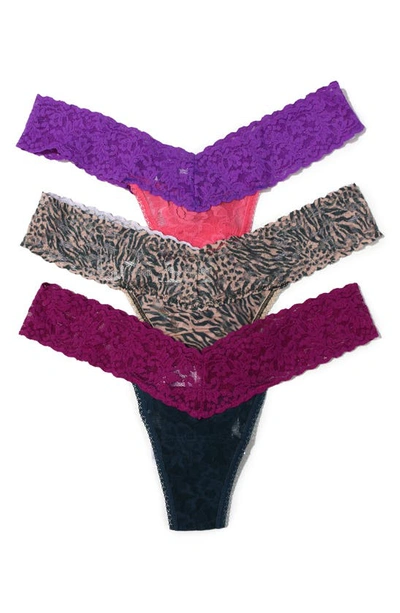 Shop Hanky Panky Low Rise Lace Thongs In Purple/ Animal Print/ Burgundy