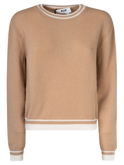 Msgm Emrboidered-logo Wool-cashmere Blend Jumper In Beige