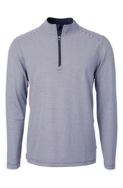 Shop Cutter & Buck Micro Stripe Quarter Zip Recycled Polyester Piqué Pullover In Navy Blue/ White