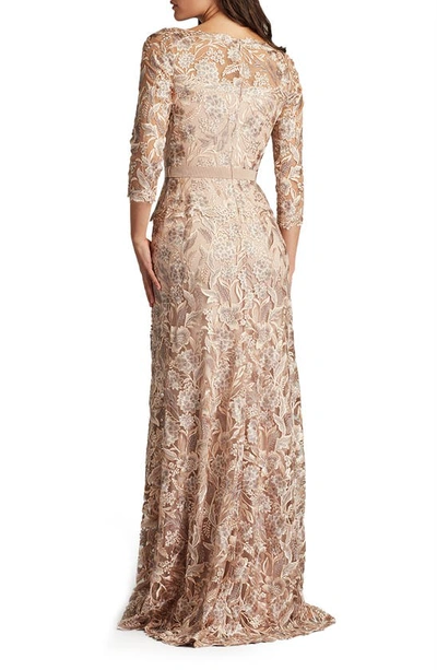 Shop Tadashi Shoji Floral Embroidered Bateau Neck Gown In Pebble