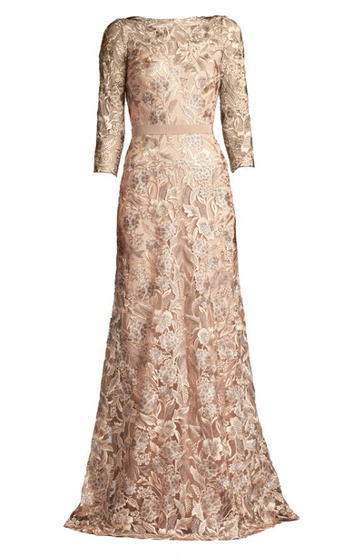 Tadashi Shoji Floral Embroidered Bateau Neck Gown In Pebble
