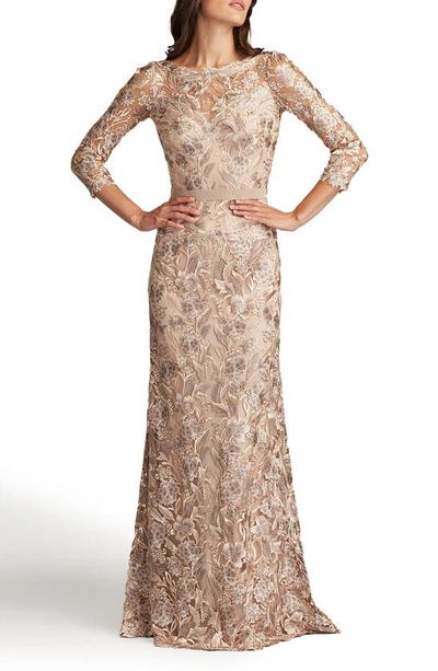 Tadashi Shoji Floral Embroidered Bateau Neck Gown In Pebble