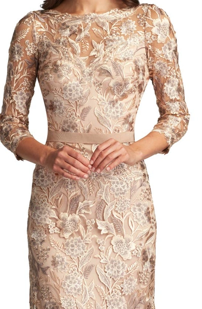 Shop Tadashi Shoji Floral Embroidered Bateau Neck Gown In Pebble