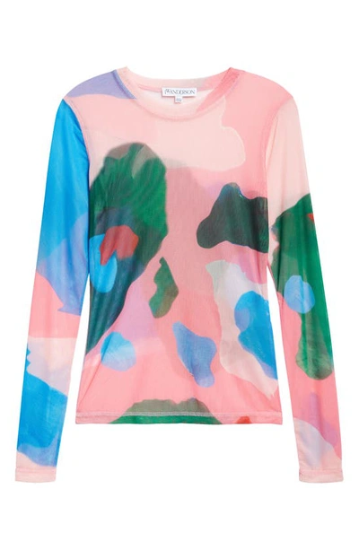 Shop Jw Anderson Abstract Print Long Sleeve Underpinning Mesh Top In Pink/ Multi