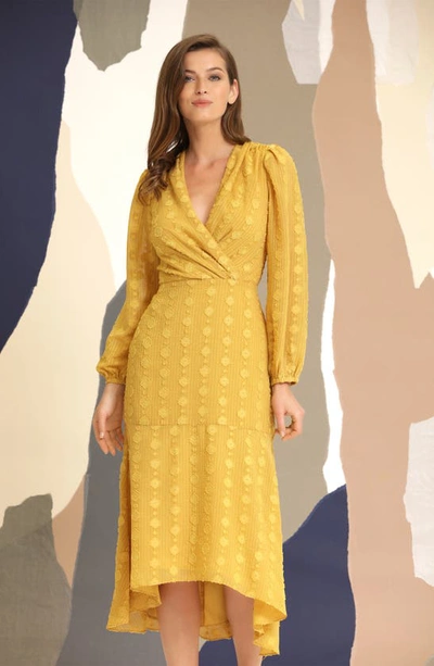 Shop Maggy London Geo Jacquard Long Sleeve High Low Dress In Goldenrod