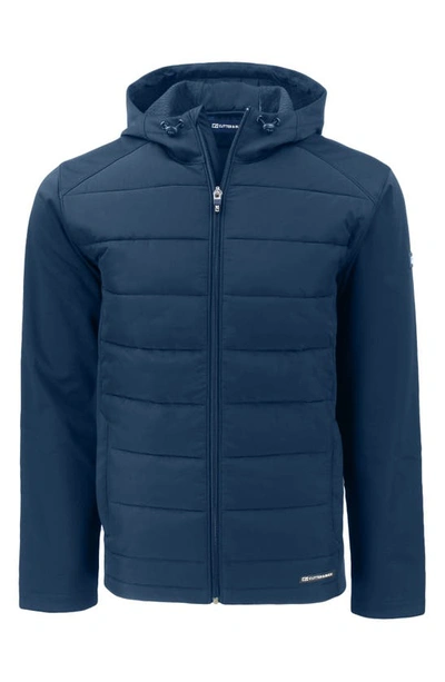 Cutter & Buck Evoke Hybrid Softshell Recycled Full Zip Mens Hooded Jacket In Blue