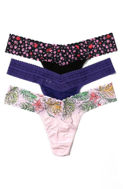 Shop Hanky Panky Assorted 3-pack Original Rise Thongs In Pink Leaves/ Purple/ Navy Vine