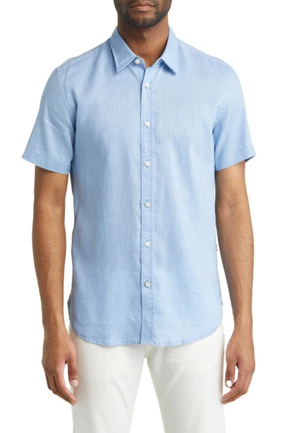 Shop Hugo Boss Ross Slim Fit Short Sleeve Linen Blend Button-up Shirt In Open Blue