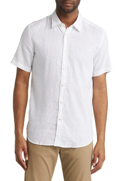 Shop Hugo Boss Ross Slim Fit Short Sleeve Linen Blend Button-up Shirt In White