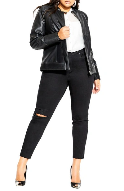 Shop City Chic Ribbed Faux Leather Biker Jacket In Black