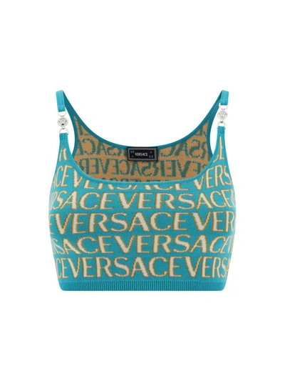 Shop Versace Top In Turquoise+azzurro
