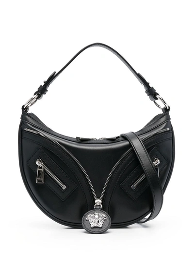 Shop Versace Women Calf Leather Zipper Small Hobo Bag In 1b00p Black Palladium