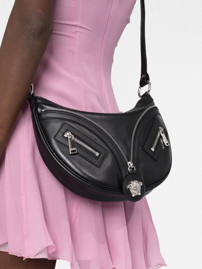 Shop Versace Women Calf Leather Zipper Small Hobo Bag In 1b00p Black Palladium