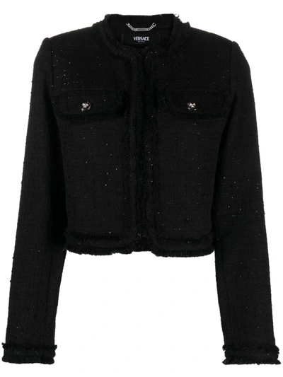 Shop Versace Women Informal Jacket Cotton Mix Summer Tweed Fabric In 1b000 Black