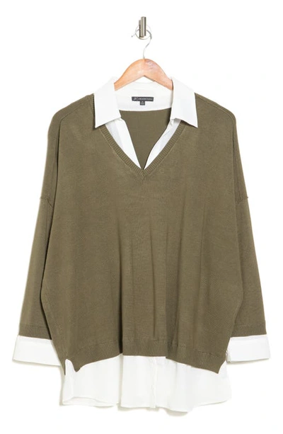 Shop Adrianna Papell Twofer Pullover Sweater In Oak Olive/ Ivory