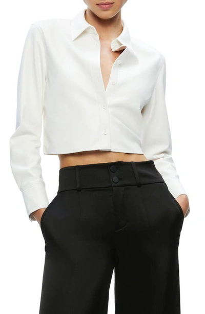 Shop Alice And Olivia Leon Crop Faux Leather Shirt In Off White