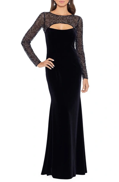 Shop Betsy & Adam Bead Embellished Long Sleeve Velvet Mermaid Gown In Black/ Silver