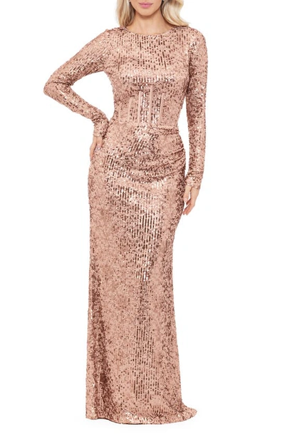 Shop Betsy & Adam Sequin Corset Long Sleeve Gown In Rose/ Gold