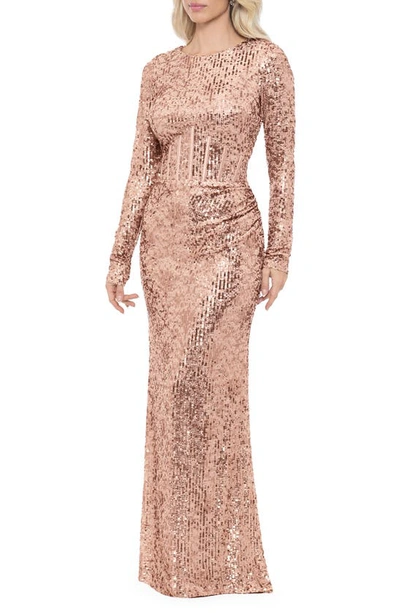 Shop Betsy & Adam Sequin Corset Long Sleeve Gown In Rose/ Gold