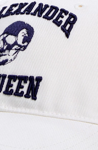 Shop Alexander Mcqueen Varsity Skull Logo Embroidered Baseball Cap In White/ Indigo