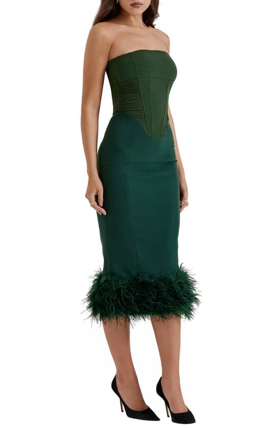 House Of Cb Fionula Strapless Feather Hem Midi Dress In Emerald Green