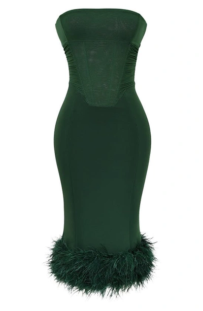 House Of Cb Fionula Strapless Feather Hem Midi Dress In Emerald Green