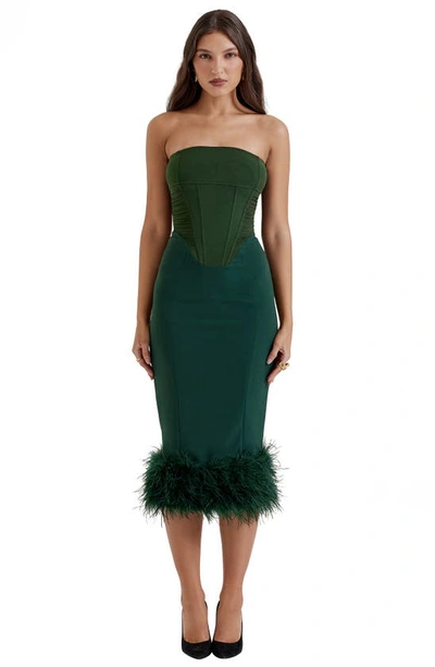 House Of Cb Fionula Strapless Feather Hem Midi Dress In Emerald Green