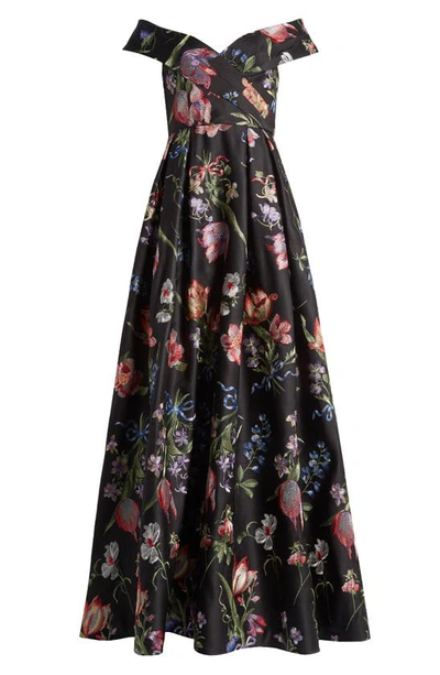 Marchesa Notte Pleated Off-shoulder Floral-embroidered Gown In Black Multi