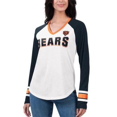 Shop G-iii 4her By Carl Banks White/navy Chicago Bears Top Team Raglan V-neck Long Sleeve T-shirt