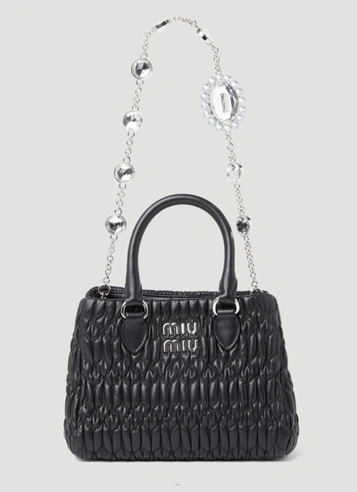 Shop Miu Miu Women Miu Crystal Leather Handbag In Black