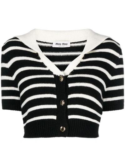 Shop Miu Miu Women Striped Knit Crop Top In Black