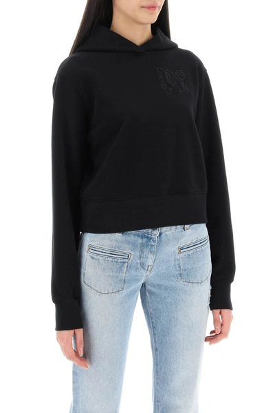 Shop Palm Angels Cropped Hoodie With Monogram Embroidery Women In Black