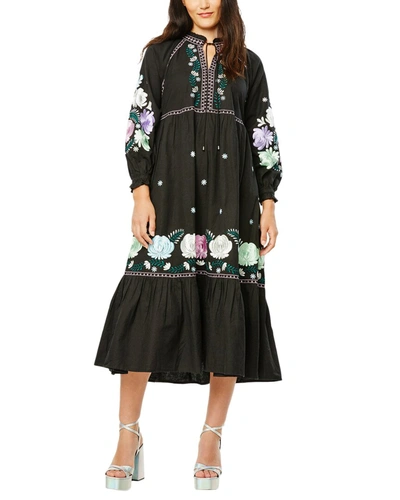 Shop Roller Rabbit Lucena Embroidered Garnet Linen-blend Dress In Black