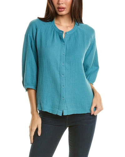 Shop Johnny Was Shirred Neck Button-down Blouse In Blue