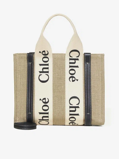 Shop Chloé Woody Mini Linen Tote Bag In Beige,blue