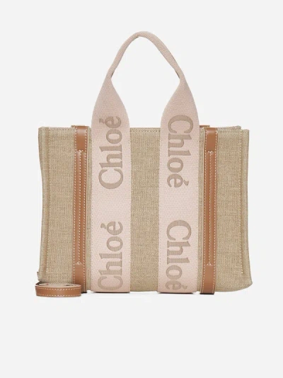 Shop Chloé Woody Linen Small Tote Bag In Blushy Beige