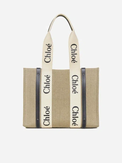 Shop Chloé Woody Linen Tote Bag In Beige,blue