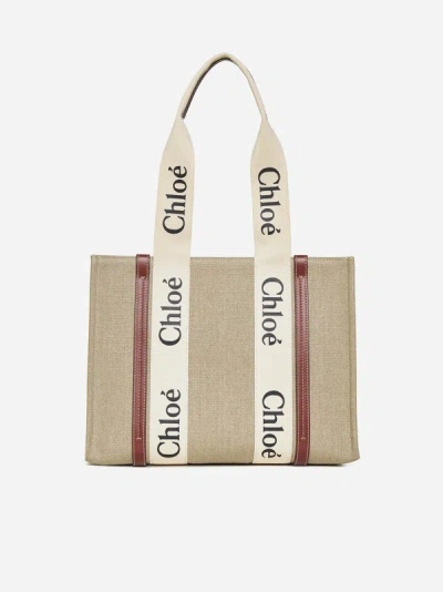 Shop Chloé Woody Linen Tote Bag In Beige,tan