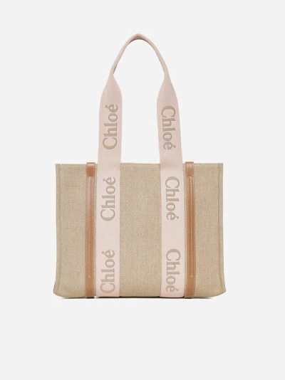 Shop Chloé Woody Linen Medium Tote Bag In Beige,blush