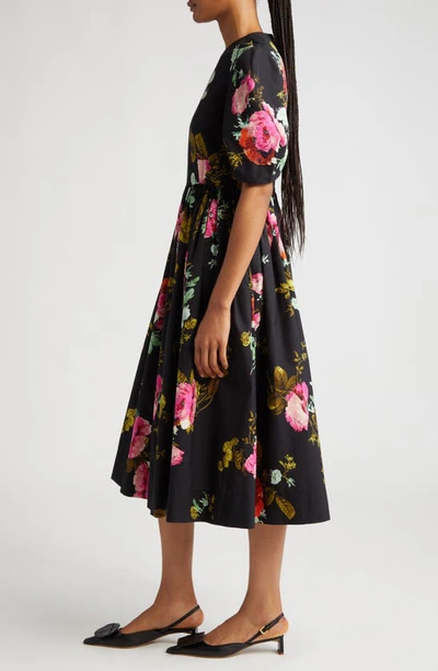 Shop Erdem Floral Print Cotton Faille Midi Dress In Black